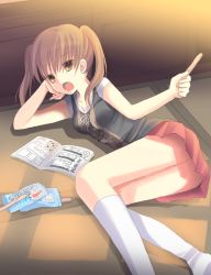 Rule 34 | 00s, 1girl, arm support, bad id, bad pixiv id, blouse, brown eyes, brown hair, casual, clannad, eyes visible through hair, food, head rest, holding, kanako, kanako (clannad), key (company), kneehighs, looking at viewer, lying, mana (10221125), miniskirt, open mouth, pleated skirt, popsicle, popsicle stick, shirt, skirt, sleeveless, sleeveless shirt, socks, solo, tatami, tomoyo after, twintails, white socks