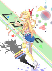 Rule 34 | 10s, 1girl, absurdres, blonde hair, blue eyes, blush, cheese kang, female focus, full body, highres, kirisaki chitoge, long hair, looking at viewer, nisekoi, one eye closed, ponytail, ribbon, shorts, simple background, smile, solo, striped, striped background, thighhighs, wink