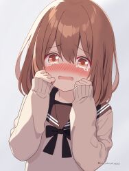 Rule 34 | 1girl, absurdres, black bow, blush, bow, brown eyes, brown hair, hair between eyes, hands on own cheeks, hands on own face, highres, long sleeves, open mouth, school uniform, short hair, signature, simple background, tearing up, tears, uniform, upper body, uru aoi23