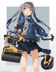 Rule 34 | 1girl, 2014, :d, artist name, astg, bad id, bad pixiv id, bomag, border, breasts, controller, dated, floating hair, grey hair, hair ribbon, happy, jacket, joystick, long hair, long sleeves, looking to the side, machinery, mecha musume, miniskirt, open clothes, open mouth, open vest, orange eyes, original, outside border, parted bangs, personification, pleated skirt, ribbon, shirt, sidelocks, simple background, skirt, small breasts, smile, solo, standing, steamroller, striped, tagging in progress, two side up, vest, watermark, web address