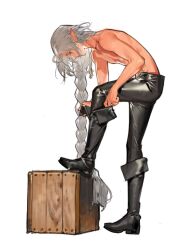 Rule 34 | 1boy, black footwear, black pants, boots, box, braid, braided ponytail, dressing, elf, from side, full body, grey hair, jewelry, knee boots, leaning forward, long hair, looking away, looking down, male focus, necklace, original, pants, pendant, pointy ears, profile, scar, scar on chest, simple background, single braid, solo, standing, starshadowmagician, toned, toned male, topless male, very long hair, white background