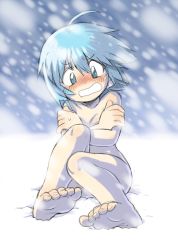 Rule 34 | 1girl, ahoge, barefoot, blue eyes, blue hair, blush, breasts, cleavage, cold, covering privates, covering breasts, crossed arms, feet, female focus, full body, matching hair/eyes, medium breasts, nude, original, outdoors, oyatsu (mk2), sitting, snow, snowing, soles, solo, sweatdrop, toes