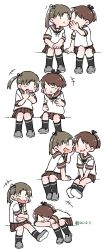 Rule 34 | 2girls, ayanami (kancolle), black socks, brown hair, brown sailor collar, brown skirt, commentary request, highres, invisible chair, kantai collection, kneehighs, laughing, long hair, multiple girls, ponytail, sailor collar, shikinami (kancolle), short hair, side ponytail, simple background, sitting, skirt, socks, tsubutarou, whispering, white background