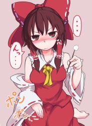 Rule 34 | &gt;:(, ..., 1girl, ascot, bare shoulders, barefoot, blush, bow, breasts, brown eyes, brown hair, closed mouth, detached sleeves, frown, furorina, hair bow, hair tubes, hakurei reimu, lap pillow invitation, long hair, long sleeves, looking at viewer, medium breasts, mimikaki, nontraditional miko, nose blush, red bow, red shirt, red skirt, ribbon-trimmed sleeves, ribbon trim, shirt, sidelocks, skirt, skirt set, sleeveless, sleeveless shirt, solo, spoken ellipsis, touhou, translated, v-shaped eyebrows, wide sleeves