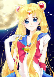 Rule 34 | 10s, 1girl, bad id, bad pixiv id, bishoujo senshi sailor moon, bishoujo senshi sailor moon crystal, blonde hair, blue eyes, blue sailor collar, bow, brooch, circlet, double bun, earrings, elbow gloves, full moon, gloves, hair ornament, highres, holding, holding hair, jewelry, long hair, looking at viewer, moon, no choker, petals, red bow, sailor collar, sailor moon, smile, solo, tsukino usagi, twintails, urama (aruma jiro), very long hair, white gloves