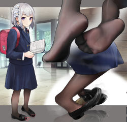 Rule 34 | 1girl, absurdres, feet, highres, loafers, looking at viewer, medium hair, outside border, pantyhose, purple eyes, shoes, silver hair, smile, soles, toes