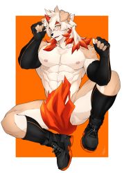 Rule 34 | 1boy, abs, absurdres, animal ears, arknights, bara, bare shoulders, black footwear, black gloves, brown fur, covering privates, covering crotch, dog boy, dog ears, dog tail, elbow gloves, furry, furry male, gloves, highres, horns, hung (arknights), ig1119, large pectorals, male focus, medium hair, multicolored hair, muscular, nipples, nude, orange eyes, orange hair, pectorals, simple background, single horn, sitting, solo, spread legs, streaked hair, tail, thick thighs, thighs, two-tone fur, white fur, white hair