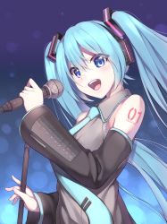 Rule 34 | 1girl, :d, absurdres, aqua hair, aqua necktie, bare shoulders, blue background, blue eyes, blurry, blush, bokeh, collared shirt, commentary request, depth of field, detached sleeves, from below, grey skirt, hair ornament, hatsune miku, headphones, highres, holding, holding microphone, long hair, long sleeves, looking at viewer, looking down, microphone, microphone stand, music, necktie, number tattoo, open mouth, shirt, shoulder tattoo, singing, skirt, smile, solo, tattoo, teeth, twintails, upper body, upper teeth only, very long hair, vocaloid, wing collar, yamanokami eaka