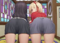 Rule 34 | 2girls, aki99, all fours, architecture, ass, ass focus, black hair, black panties, blonde hair, blue dress, bob cut, boyshort panties, clothes lift, commentary request, cushion, dress, east asian architecture, facing away, from behind, grey skirt, hair ribbon, highres, indoors, inoue takina, long hair, looking at viewer, looking back, lycoris recoil, lycoris uniform, multiple girls, nishikigi chisato, paid reward available, panties, pleated skirt, recursion, red dress, red eyes, red ribbon, red shirt, ribbon, shirt, short hair, skirt, skirt lift, stained glass, table, tatami, thighs, underwear, window, zabuton