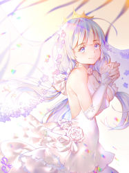 Rule 34 | 1girl, azur lane, backless dress, backless outfit, bare shoulders, breasts, bridal veil, center opening, cleavage, colored eyelashes, dress, flower, from side, hair ribbon, halter dress, halterneck, highres, illustrious (azur lane), illustrious (morning star of love and hope) (azur lane), jewelry, lace, lace-trimmed dress, lace trim, large breasts, long hair, looking at viewer, mole, mole under mouth, official alternate costume, purple eyes, ribbon, ring, rose, shizi suky, solo, tiara, tress ribbon, tri tails, veil, very long hair, wedding dress, wedding ring, white dress, white flower, white hair, white rose