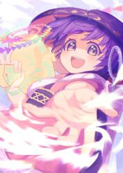 Rule 34 | 1girl, :d, absurdres, bowl, bowl hat, commentary request, cowboy shot, foreshortening, hangaku th, hat, highres, japanese clothes, kimono, looking at viewer, miracle mallet, needle, open mouth, pink kimono, purple eyes, purple hair, short hair, smile, solo, sparkle, sparkling eyes, sukuna shinmyoumaru, teeth, touhou, upper teeth only