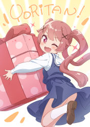 Rule 34 | 1girl, ;d, ass, blue dress, box, brown footwear, brown hair, commentary, dress, fang, gift, gift box, highres, jigatei (omijin), loafers, hugging object, one eye closed, open mouth, oversized object, red eyes, school uniform, shirt, shoe soles, shoes, sleeveless, sleeveless dress, smile, socks, solo, standing, standing on one leg, symbol-only commentary, tanemura koyori, twintails, v-shaped eyebrows, watashi ni tenshi ga maiorita!, white shirt, white socks