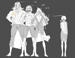 Rule 34 | 4boys, abs, alchemy stars, bare shoulders, barefoot, barton (alchemy stars), bathrobe, beard, censored, censored nipples, charon (alchemy stars), facial hair, full body, gram (alchemy stars), greyscale, hands on own hips, height chart, highres, kohodn, long hair, looking at viewer, male focus, monochrome, multiple boys, naked towel, navel, scar, scar across eye, scar on arm, scar on chest, shaded face, short hair, smile, sparkle, standing, topless male, towel, towel on one shoulder, white dwarf (alchemy stars)