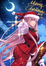Rule 34 | 1girl, bow, crescent moon, fate/grand order, fate (series), florence nightingale (fate), florence nightingale (santa) (fate), fur-trimmed sleeves, fur trim, gloves, gogatsu fukuin, hat, highres, long hair, merry christmas, moon, night, night sky, pantyhose, pink eyes, pink hair, pointing, santa hat, sky, smile, solo, sparkle, white gloves
