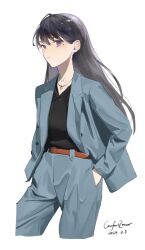 Rule 34 | 1girl, artist name, bang dream!, bang dream! it&#039;s mygo!!!!!, belt, black hair, black shirt, blue jacket, blue pants, border, brown belt, chinese commentary, closed mouth, collarbone, collared shirt, comfort zoner, commentary request, cropped legs, dated, dress shirt, hair behind ear, hand in pocket, highres, jacket, jewelry, long hair, long sleeves, looking at viewer, mole, mole under eye, necklace, open clothes, open jacket, pants, purple eyes, shiina taki, shirt, simple background, solo, white background, white border