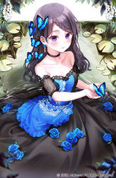 Rule 34 | 1girl, bare shoulders, black choker, black dress, black hair, blue butterfly, blue dress, blue flower, blue rose, blush, braid, braided bangs, breasts, bug, butterfly, choker, cleavage, closed mouth, collarbone, commentary request, copyright name, copyright request, detached sleeves, dress, earrings, flower, french braid, frilled dress, frills, in water, insect, insect on head, jewelry, lace trim, long hair, looking at viewer, medium breasts, official art, original, purple eyes, rangu, rose, short hair, smile, solo, wading