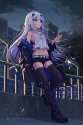 Rule 34 | 1girl, bare shoulders, belt, black footwear, black jacket, black shorts, black thighhighs, boots, breasts, cloud, cloudy sky, collarbone, contemporary, crop top, earrings, fate/grand order, fate (series), forked eyebrows, full body, highres, hoodier, jacket, jewelry, knee boots, long hair, long sleeves, looking up, melusine (fate), midriff, navel, off shoulder, open clothes, open jacket, rain, short shorts, shorts, sidelocks, sky, small breasts, solo, tank top, thighhighs, white hair, white tank top, yellow eyes