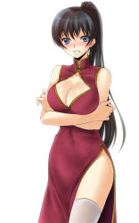 Rule 34 | 1girl, bare arms, black hair, blue eyes, blue hair, blush, breast hold, breasts, china dress, chinese clothes, cleavage, cleavage cutout, clothing cutout, covered collarbone, cowboy shot, crossed arms, dress, jyuru, large breasts, long hair, looking at viewer, matching hair/eyes, open mouth, original, ponytail, side slit, simple background, sleeveless, sleeveless dress, solo, thighhighs, white thighhighs