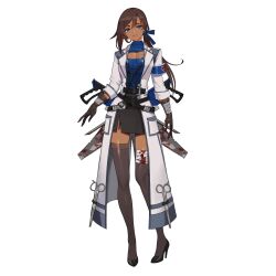 Rule 34 | 1girl, armband, bandaged leg, bandages, belt, black skirt, black survival, blood, bloody weapon, blue bow, blue eyes, blue shirt, bonesaw, bow, breasts, brown gloves, brown hair, brown thighhighs, cathy huggins, cleavage, cleavage cutout, clothing cutout, coat, dark-skinned female, dark skin, earrings, eternal return: black survival, full body, gloves, hair between eyes, hair bow, heart, high heels, highres, jewelry, large breasts, long hair, looking at viewer, miniskirt, multiple belts, official alternate costume, official art, open clothes, open coat, ponytail, ribbed shirt, saw, scissors, shirt, simple background, skirt, smile, stethoscope, thighhighs, weapon, white background