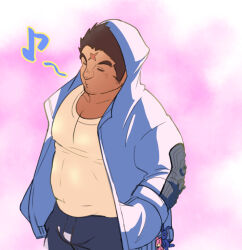 Rule 34 | 1boy, = =, bara, belly, bulge, covered erect nipples, cross scar, fat, fat man, from above, hands in pockets, hood, hood up, houzouin oniwaka, jacket, light blush, long sideburns, male focus, mature male, open clothes, open jacket, pectoral cleavage, pectorals, puckered lips, ragi san (ononokomachiimo), scar, scar on face, scar on forehead, shirt, short hair, sideburns, solo, thick eyebrows, tokyo houkago summoners, whistle, white shirt
