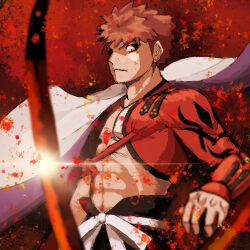 Rule 34 | 1boy, abs, black pants, cape, closed mouth, emiya shirou, fate/grand order, fate (series), frown, kazubomb fire, lens flare, long sleeves, male focus, muscular, muscular male, pants, red background, red hair, senji muramasa (fate), short hair, spiked hair, upper body, white cape