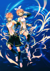 Rule 34 | 1boy, 1girl, absurdres, bad id, bad pixiv id, blonde hair, blue eyes, brother and sister, detached sleeves, floating, hair ornament, hair ribbon, hairclip, headphones, highres, kagamine len, kagamine len (append), kagamine rin, kagamine rin (append), mg (mica), navel, ribbon, siblings, thighhighs, twins, vocaloid, vocaloid append