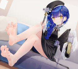 Rule 34 | 1girl, amamiya kokoro, bare legs, barefoot, beret, black hat, blue hair, blush, couch, dark blue hair, feet, foot focus, hat, highres, holding, holding clothes, holding footwear, holding shoes, long hair, looking at viewer, nijisanji, shoes, sitting, smile, soles, spread toes, toenails, toes, unworn shoes, virtual youtuber, wings, yellow eyes