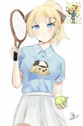 Rule 34 | 1girl, ball, blonde hair, blue eyes, blue shirt, borrowed design, bubba (watson amelia), collared shirt, commentary, english commentary, hair ornament, highres, holding, holding ball, holding racket, hololive, hololive english, looking at viewer, looking down, nvl, photo inset, ponytail, pout, racket, reference inset, shirt, signature, skirt, solo, tennis ball, v-shaped eyebrows, virtual youtuber, watson amelia, white background, white skirt