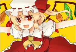 Rule 34 | 1girl, blonde hair, fang, female focus, flandre scarlet, hat, izumi minami, open mouth, outstretched arms, pointy ears, red eyes, short hair, smile, solo, spread arms, touhou, wings