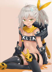 Rule 34 | 1girl, absurdres, arm support, arms behind back, bandana, black thighhighs, bottomless, breasts, bright pupils, character name, unworn clothes, crop top, dark-skinned female, dark skin, detached sleeves, eyes visible through hair, fang, fang out, girls&#039; frontline, gradient background, green eyes, grey hair, gun, hair between eyes, hair ornament, highres, hood, hoodie, klin (girls&#039; frontline), knee pads, knee up, navel, no panties, off shoulder, over-kneehighs, revealing clothes, ru zhai, scarf, shiny skin, short sidetail, simple background, single over-kneehigh, single thighhigh, sleeveless, sleeveless jacket, sleeves past wrists, small breasts, solo, stomach, strapless, submachine gun, symbol-shaped pupils, tearing up, thigh strap, thighhighs, thighs, tube top, underboob, v-shaped eyebrows, weapon, white pupils, yellow scarf