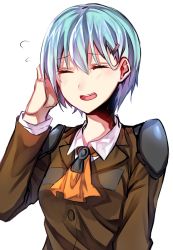 Rule 34 | 10s, 1girl, alternate hair length, alternate hairstyle, aqua hair, ascot, betti (maron), blazer, buttons, closed eyes, flying sweatdrops, hair between eyes, hair ornament, hairclip, hand on own head, highres, i&#039;m such a fool, jacket, kantai collection, long sleeves, open mouth, school uniform, short hair, simple background, solo, suzuya (kancolle), teeth, upper body, white background