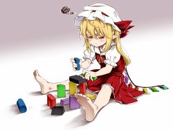 Rule 34 | 1girl, ascot, asutora, barefoot, blonde hair, commentary, crystal, feet, flandre scarlet, full body, hat, hat ribbon, mob cap, pointy ears, pout, puffy short sleeves, puffy sleeves, red eyes, red ribbon, red skirt, ribbon, short sleeves, side ponytail, sitting, skirt, solo, squiggle, touhou, vest, wings
