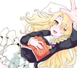 Rule 34 | 1girl, black jacket, blonde hair, book, book on lap, bow, hair bow, unworn headwear, highres, holding, holding book, jacket, kichikichinyan, long sleeves, lying, on back, open mouth, pillow, purple bow, reaching, reaching towards viewer, shirt, solo, star (symbol), touhou, white background, white shirt, yellow eyes