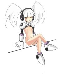 Rule 34 | 1girl, artist request, boots, call (mighty no. 9), call d, flat chest, headphones, highres, joints, crossed legs, mighty no. 9, nipples, non-web source, nude, revision, robot, robot joints, sitting, solo, twintails, white hair, yellow eyes