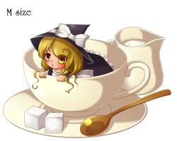 Rule 34 | 1girl, :o, blonde hair, braid, cream, cup, hat, hat ribbon, highres, in container, in cup, kakiikada, kirisame marisa, long hair, looking at viewer, mini person, minigirl, ribbon, saucer, simple background, single braid, solo, spoon, sugar cube, teacup, touhou, white background, witch hat, yellow eyes