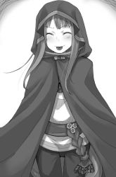 Rule 34 | 1girl, ayakura juu, blush, cape, cowboy shot, closed eyes, floating hair, greyscale, holo, hood, hooded, long hair, monochrome, novel illustration, official art, pants, shirt, smile, solo, spice and wolf, standing, tongue, tongue out