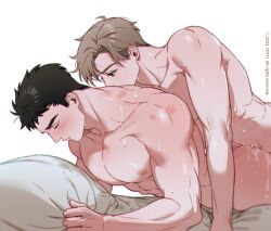 Rule 34 | 2boys, anal, ass, bara, bishounen, brown hair, closed eyes, completely nude, couple, cum, cum overflow, from side, happy sex, highres, kissing back, large pectorals, male focus, male penetrated, multiple boys, muscular, muscular male, nipples, nude, on bed, original, pectorals, prone bone, sex, sex from behind, short hair, sideburns, sweat, tears, thick eyebrows, very sweaty, yaoi, yotti
