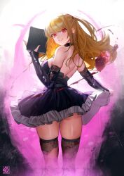 Rule 34 | 1girl, absurdres, amane misa, ass peek, backless dress, backless outfit, bare back, black choker, black dress, black gloves, blonde hair, blood, book, breasts, bridal gauntlets, brown thighhighs, choker, commentary, cowboy shot, cross, cross earrings, death note, death note (object), dress, earrings, elbow gloves, english commentary, feet out of frame, floral print, from behind, gloves, goth fashion, heart (organ), highres, holding, holding book, hymin, jewelry, lace thighhighs, large breasts, long hair, looking back, nail polish, no bra, print thighhighs, red eyes, red nails, sideboob, skindentation, solo, strapless, strapless dress, thigh gap, thighhighs, thighs, two side up, underbutt