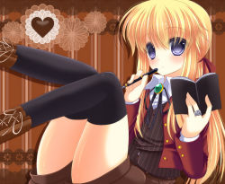 Rule 34 | androgynous, black thighhighs, blonde hair, blue eyes, boots, cross-laced footwear, formal, gem, gender request, heart, jacket, jewelry, lace-up boots, long hair, male focus, neon ui, notebook, pen, ponytail, ring, shirt, shorts, solo, thighhighs, thighs, umineko no naku koro ni, ushiromiya lion