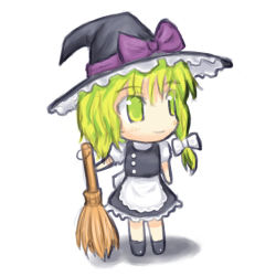 Rule 34 | 1girl, blonde hair, broom, chibi, female focus, full body, hat, kirisame marisa, solo, touhou, white background, witch, witch hat, yellow eyes