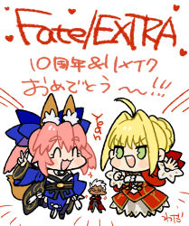 Rule 34 | 1boy, 2girls, ahoge, animal ear fluff, animal ears, archer (fate), blonde hair, blue bow, blue kimono, blue legwear, bow, braid, chibi, clenched hands, closed eyes, closed mouth, commentary request, dark-skinned male, dark skin, detached sleeves, dress, fate/extra, fate (series), fox ears, fox girl, fox tail, french braid, hair bow, hair bun, hair intakes, heart, japanese clothes, kimono, light blush, multiple girls, nero claudius (fate), nero claudius (fate) (all), nero claudius (fate/extra), obi, open mouth, pink hair, red bow, red dress, sash, sidelocks, simple background, single hair bun, smile, sparkle, split ponytail, standing, standing on one leg, tail, tamamo (fate), tamamo no mae (fate/extra), teeth, thighhighs, translation request, v, wada arco, white background, white hair, wide sleeves, zettai ryouiki