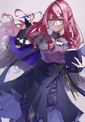 Rule 34 | 1girl, absurdres, baobhan sith (fate), baobhan sith (swimsuit pretender) (fate), baobhan sith (swimsuit pretender) (second ascension) (fate), black nails, book, braid, calligraphy brush, capelet, earrings, fate/grand order, fate (series), glasses, grey eyes, highres, holding, holding book, ina (rimuna 1228), jewelry, long hair, long skirt, multiple braids, open book, paintbrush, pink hair, pointy ears, purple shirt, shirt, skirt