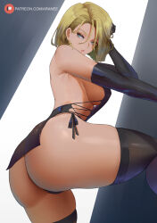 Rule 34 | 1girl, android 18, araneesama, ass, bare shoulders, black dress, black gloves, black thighhighs, blonde hair, blue eyes, blush, breasts, dragon ball, dragonball z, dress, elbow gloves, gloves, highres, large breasts, looking at viewer, looking back, no panties, parted bangs, parted lips, short dress, short hair, sideboob, solo, thighhighs, thighs