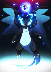 Rule 34 | blue fire, charizard, claws, creatures (company), dark background, fangs, fire, game freak, gen 1 pokemon, gradient background, horns, looking at viewer, mega charizard x, mega pokemon, nintendo, pokemon, pokemon (creature), red eyes, smash ball, super smash bros., tom skender, wings