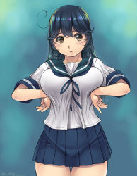 Rule 34 | 10s, 1girl, black hair, blush, breasts squeezed together, breasts, brown eyes, cowboy shot, curvy, highres, kantai collection, kantori, large breasts, long hair, looking at viewer, open mouth, plump, school uniform, serafuku, solo, thighs, ushio (kancolle)