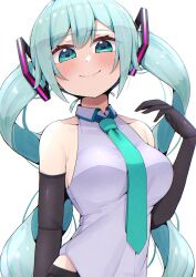 Rule 34 | 1girl, adapted costume, aqua eyes, aqua hair, aqua necktie, black gloves, blue skirt, closed mouth, collarbone, double-parted bangs, elbow gloves, floating headgear, gloves, grey shirt, hair between eyes, hair ornament, halter shirt, halterneck, hand up, hatsune miku, headgear, highres, impossible clothes, impossible shirt, kooei, long hair, looking at viewer, necktie, shirt, sideless shirt, simple background, skirt, sleeveless, sleeveless shirt, smile, solo, twintails, very long hair, vocaloid, white background