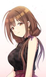 Rule 34 | 1girl, 23nanato, antenna hair, belt, belt buckle, blunt bangs, blush, bow, breasts, brown hair, buckle, earrings, gradient background, hair bow, hair over shoulder, highres, idolmaster, idolmaster shiny colors, jewelry, kuwayama chiyuki, lace, long hair, looking at viewer, medium breasts, purple bow, see-through, simple background, sleeveless, smile, solo