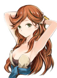 Rule 34 | 1girl, armpits, arms up, bracelet, breasts, brown hair, cleavage, collarbone, cropped torso, granblue fantasy, green eyes, jewelry, long hair, looking at viewer, medium breasts, nannacy7, sara (granblue fantasy), sideboob, simple background, solo, strapless, tying hair, very long hair, white background