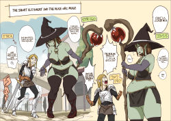 Rule 34 | 1boy, 1girl, blonde hair, breasts, brown eyes, colored skin, elf, english text, female orc, gloves, green skin, hat, highres, large breasts, long hair, navel, orc, original, plump, pointy ears, role reversal, sweatdrop, sword, thick arms, thighhighs, uru (uru0000), weapon, witch hat