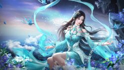 Rule 34 | 1girl, absurdres, bare shoulders, bird, blue bird, blue dress, blue flower, circlet, cloud, douluo dalu, dress, floating island, flower, hagoromo, hair ornament, highres, hua wei yang, long sleeves, ning rongrong (douluo dalu), ocean, rainbow, second-party source, shawl, sitting, solo, sparkle, star (sky), upper body